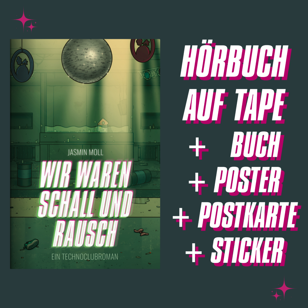 Crowdfunding Hörbuch auf Tape im Paket mit Taschenbuch, Poster, Postkarte, Sticker