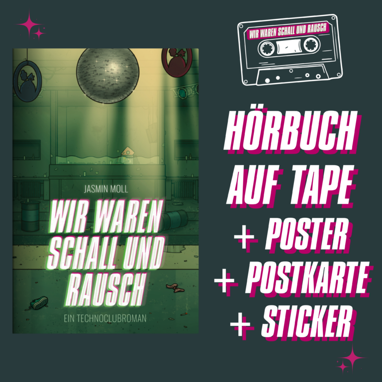 Crowdfunding Hörbuch auf Tape im Paket mit Poster, Postkarte, Sticker
